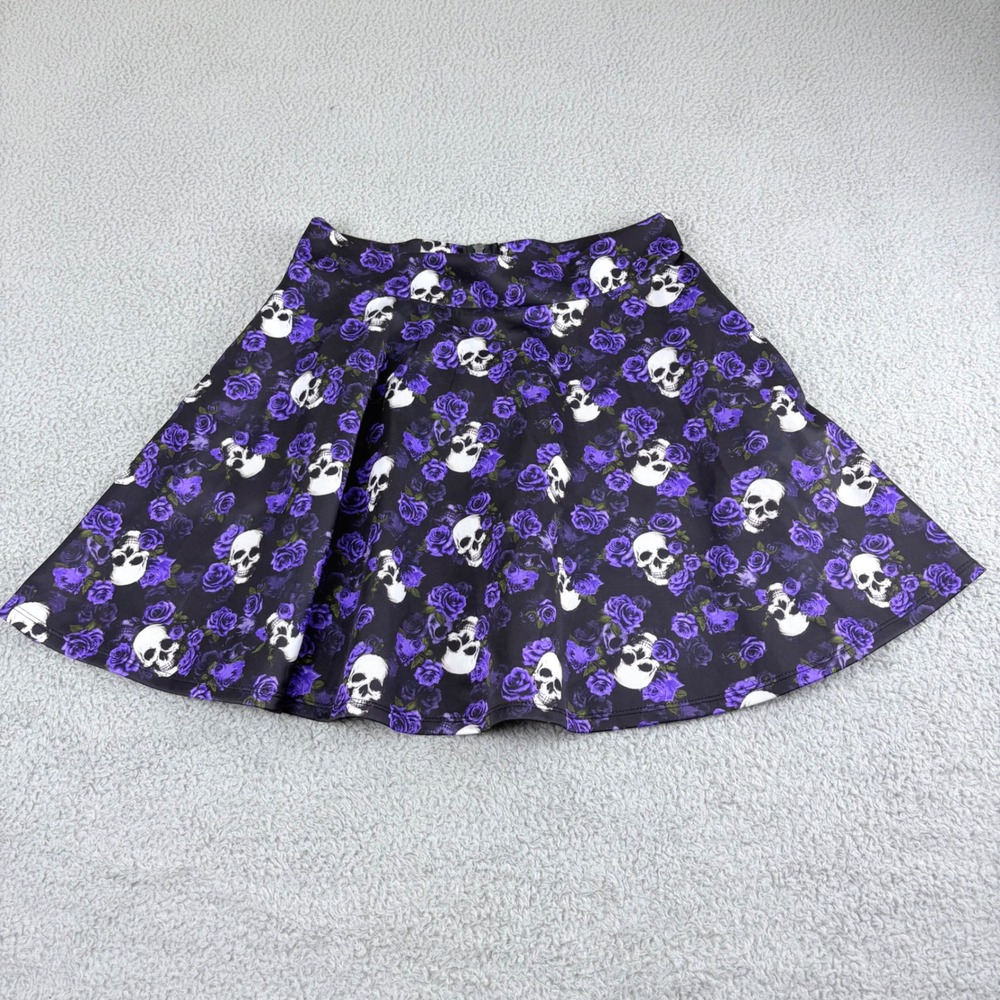 Hot Topic Skater Skirt Womens MD Purple Skull Rose Print Goth Punk Mini Pockets